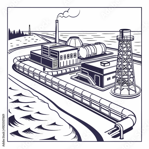 An industrial facility with a tower and a body of water