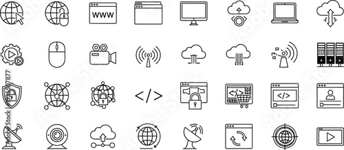 Internet technology icons collection, cybersecurity and coding vector set, cloud computing design pack, global network illustration, digital communication symbol set