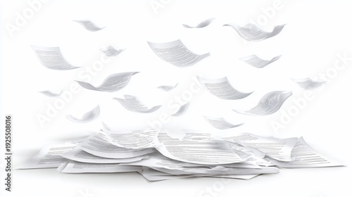 Conceptual image of papers flying up from a pile, against a clean white backdrop