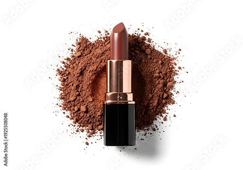 A sleek brown lipstick with a rose gold base standing in a pile of crushed pigment on white background.