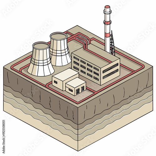 A 3d isometric illustration of a nuclear power plant with cooling towers