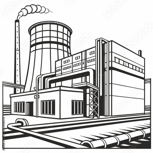 A black and white drawing of a power plant with a tower