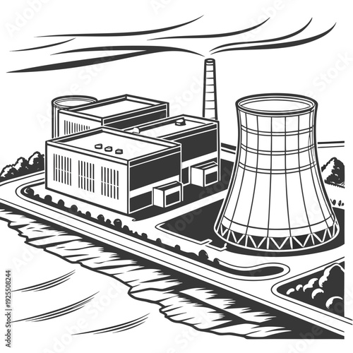 A nuclear power plant with a cooling tower