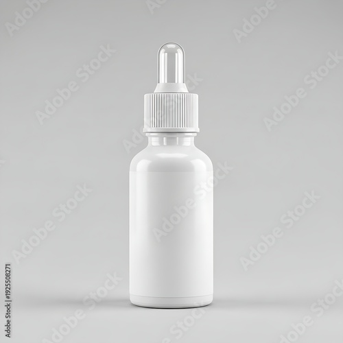 A minimalist white cosmetic dropper bottle mockup with a clear glass pipette isolated on a neutral grey background.