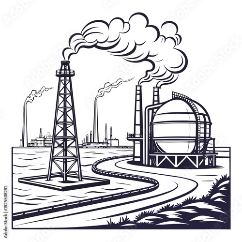 Industrial area with smokestacks and oil rig