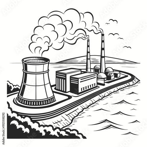 A black and white drawing of a nuclear power plant on a barge