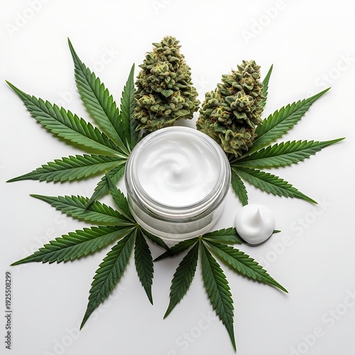 Botanical skincare mockup of a white face cream jar nestled between symmetrical cannabis leaves and high-quality hemp buds.