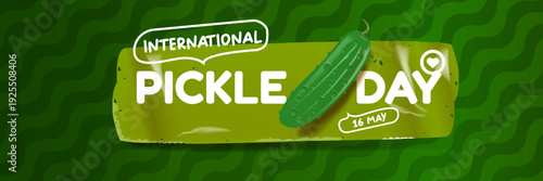 International Pickle day horizontal banner design template with text and pickled cucumber isolated on green geometric pattern background. Pickle day flyer. 16 may international day of pickled cucumber