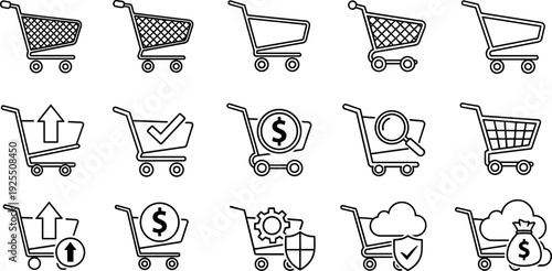 Shopping cart icons collection, e-commerce vector set, online shopping symbols, payment and checkout design, secure transaction illustration, retail business pack