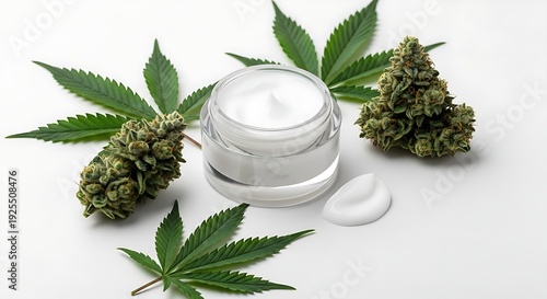 Soothing white herbal cream in a glass container encircled by decorative marijuana foliage and dried hemp flowers isolated.