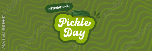 International Pickle day horizontal banner design template with text and pickled cucumber isolated on green geometric pattern background. Pickle day flyer. 16 may international day of pickled cucumber
