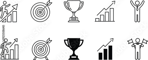 Success icons collection, achievement vector set, goal setting symbols, progress and growth design pack, victory illustration, business motivation icon set