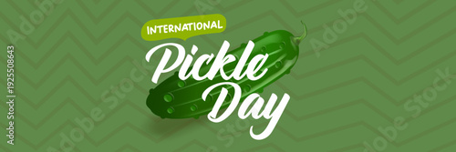 International Pickle day horizontal banner design template with text and pickled cucumber isolated on green geometric pattern background. Pickle day flyer. 16 may international day of pickled cucumber