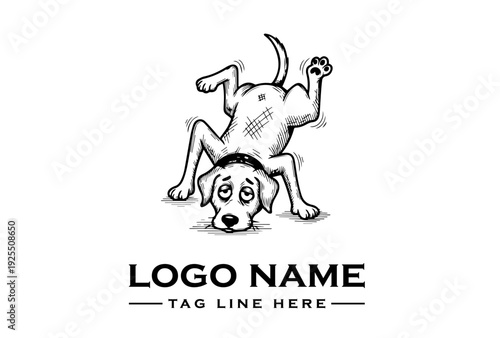 Black and white illustration of a dog doing a handstand with a logo and tagline on a plain white background.