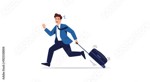 A worried businessman in a blue suit and necktie runs frantically while pulling a dark blue rolling suitcase behind him on a white background.