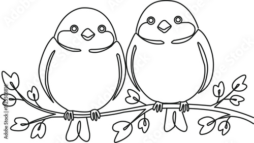 Two round birds facing forward on a delicate branch with small heart shaped leaves