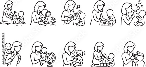 Diverse line art illustrations portray a loving mother and her child engaging in various daily activities from playful moments and educational discovery to essential care, highlighting family life.
