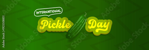 International Pickle day horizontal banner design template with text and pickled cucumber isolated on green geometric pattern background. Pickle day flyer. 16 may international day of pickled cucumber