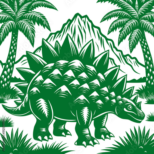 Stegosaurus dinosaur in a prehistoric landscape with palm trees and mountains, in a woodcut style illustration.