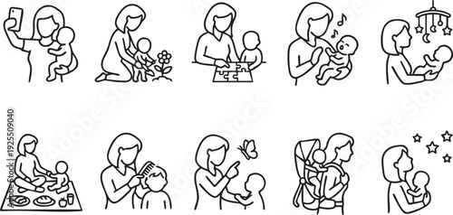 Collection of line art icons depicting a loving mother engaging in various daily activities with her adorable baby or young child, showcasing different aspects of care, play, and family bonding.