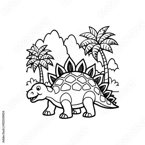 Cute cartoon stegosaurus dinosaur with palm trees, black and white outline for coloring book.