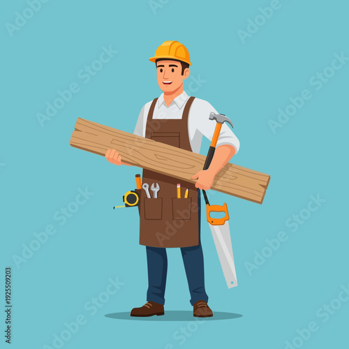 Carpenter holding wood plank, tools, and saw, ready for construction work