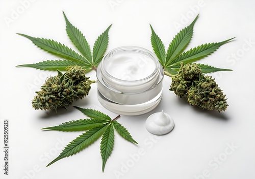 A white cosmetic cream jar surrounded by green cannabis leaves and hemp buds isolated on a clean white background.