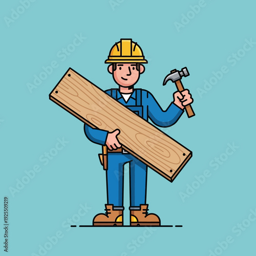 Carpenter holding wood plank and hammer, construction worker in uniform, ready for work