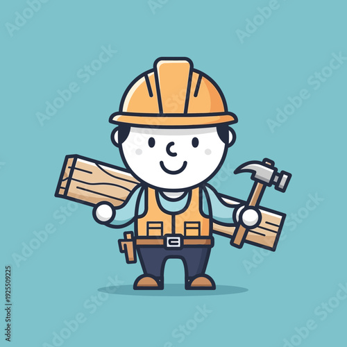 Cartoon Carpenter Holding Wood Plank and Hammer, Construction Worker Character