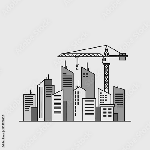 Cityscape construction site with crane and modern buildings, urban development concept