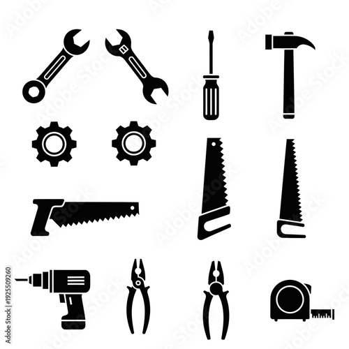 Collection of Black and White Icons Representing Various Tools and Hardware