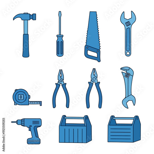 Collection of blue construction and DIY tools on a white background