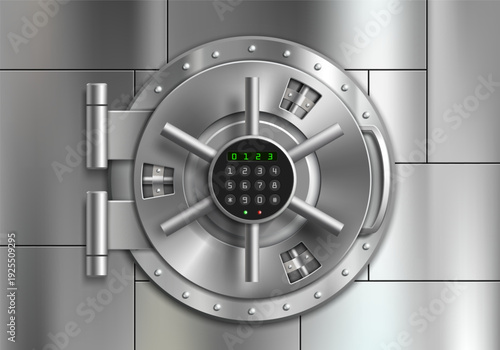 Bank vault metal door with code lock. Vector illustration.
