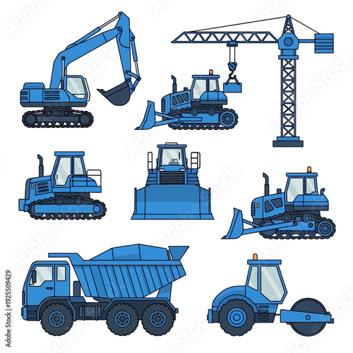 Blue construction vehicles set: excavator, bulldozer, crane, dump truck, roller