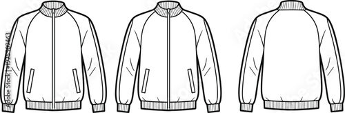 Bomber jacket front and back view technical drawing, zip up casual outerwear with ribbed collar and cuffs, line art vector illustration isolated on white