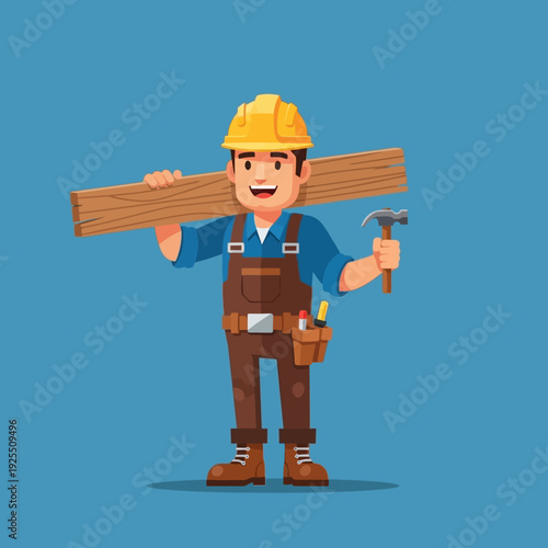 Carpenter carrying wood plank and hammer, ready for construction work