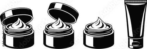 Cosmetic container illustration set, cream jars and lotion tube packaging, stylized vector graphics for skincare, beauty, and product branding themes