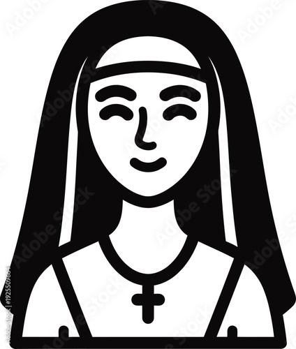 A smiling nun wearing a cross necklace and traditional habit