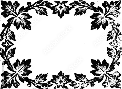 Vintage black floral frame border with distressed grunge texture and ornamental leaf design