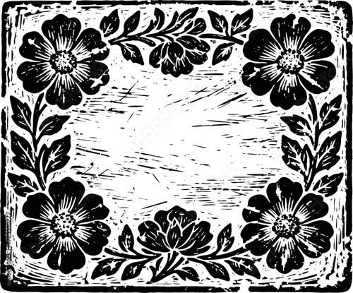 Vintage floral black and white frame with hand carved flowers and leaves border