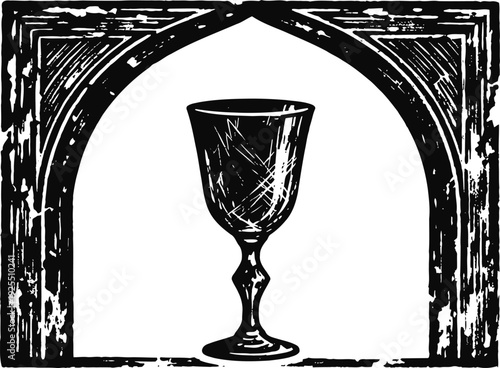 Vintage black chalice illustration framed by gothic arch window medieval design