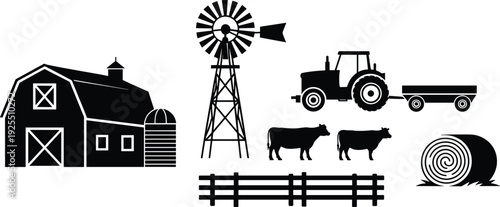 Farm element illustration set, barn with silo, windmill, tractor with trailer, cows, hay bale, and fence, stylized vector graphics for agriculture themes