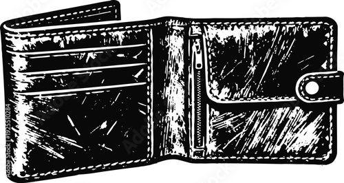 Black leather wallet with zipper and card slots, vintage worn accessory illustration