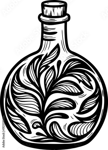 Ornamental round bottle with cork stopper and elaborate leafy floral design