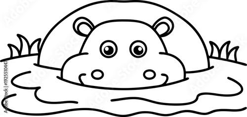 hippopotamus partially submerged in water with playful expression and simple line art