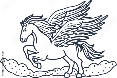 elegant pegasus horse with detailed wings flying above clouds outline illustration
