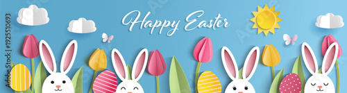 Happy Easter banner template with bunny, eggs, flowers, green grass  and blue sky in  paper cut style. Vector illustration