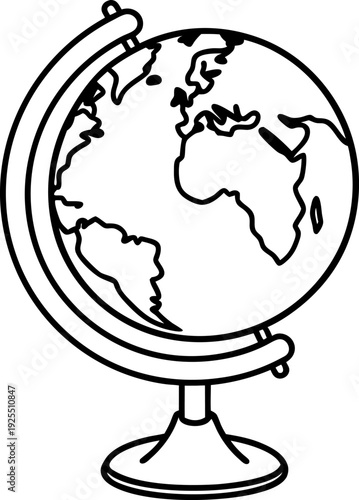 Black and white globe illustration showing continents on a stand, educational geography world map tool