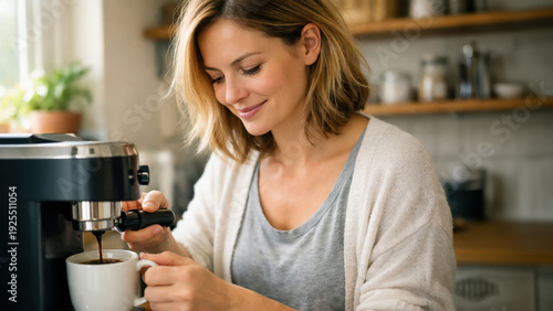 Smiling woman preparing fresh coffee with espresso machine in cozy kitchen interior. Morning routine and home comfort concept.