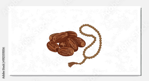 A small pile of dried brown dates sits next to a string of wooden prayer beads with a tassel on a textured white rectangular surface.